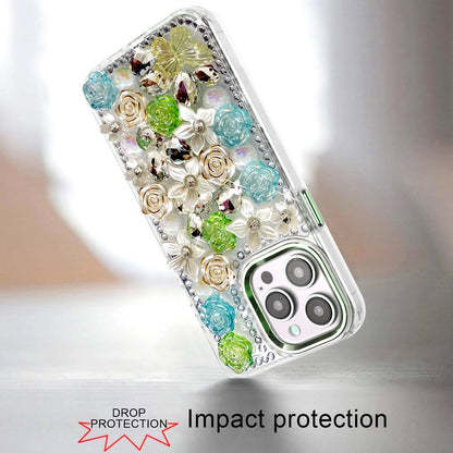 For iPhone 14 Pro Max (6.7") 3D Diamond Floral Roses Flower Bling Stone Hybrid, Sparkly Rhinestone Gemstone Back Shockproof Case Cover Green