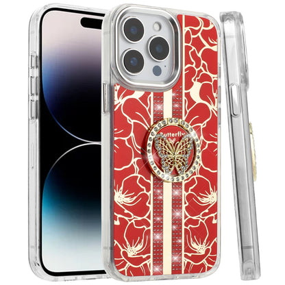 For Samsung Galaxy A37 Diamonds 3D Butterfly Floral Design Bling Sparkly Glitter Hybrid Metal Fashion with Ring Stand Case Cover
