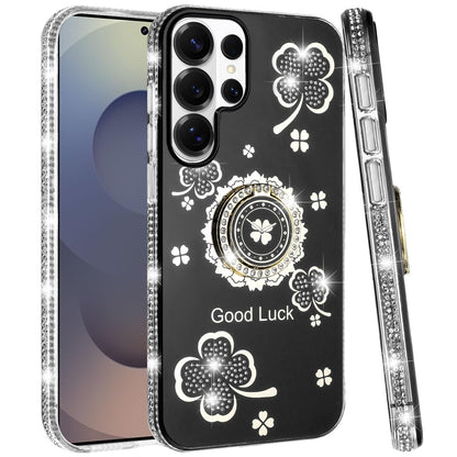 For Samsung Galaxy S26 Ultra Diamonds Bling All Around Edges Sparkly Glitter Hybrid with Ring Stand Holder Fashion Good Luck Case Cover