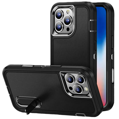 For Apple iPhone 16 Pro Hybrid 3 Layers Hard 3in1 Shockproof with Kickstand Heavy Duty Hard TPU Rubber Anti-Drop Case Cover Black +Black