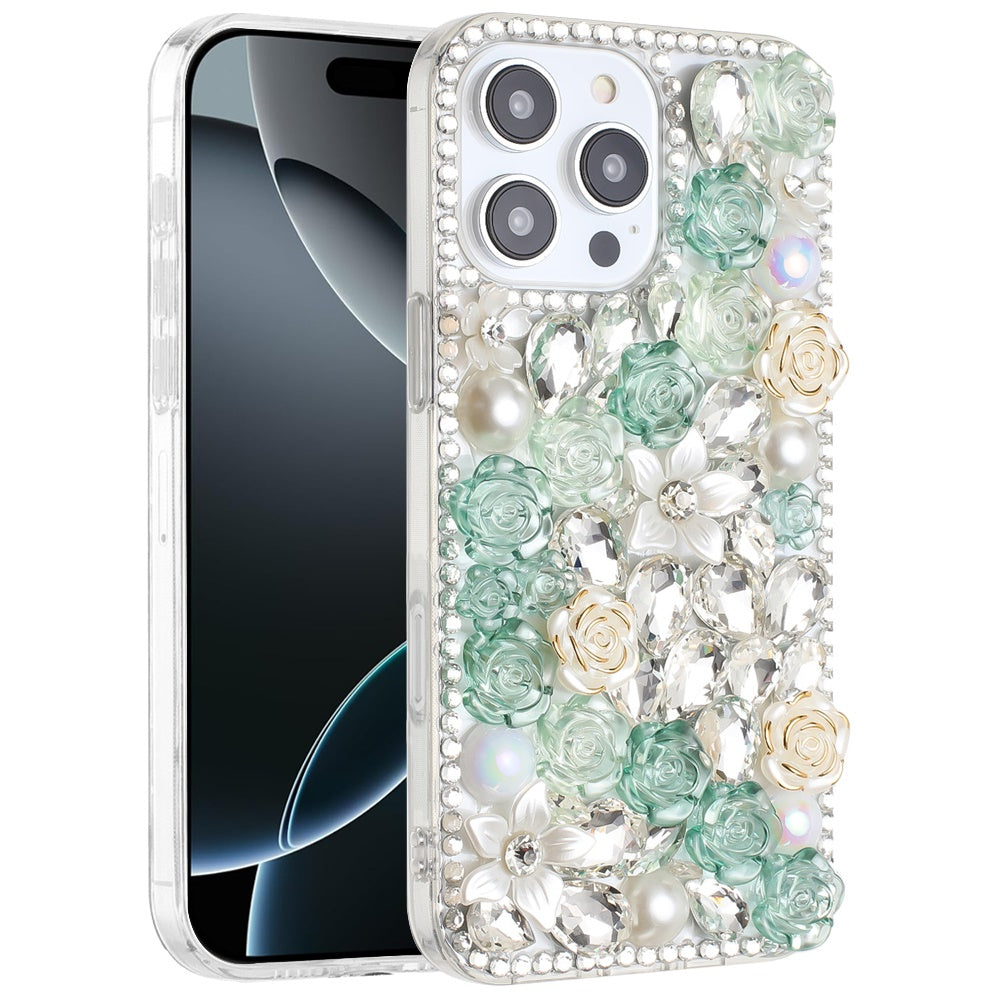 Phone Case for Apple iPhone 16 Pro Max Rose Flower Full Diamond Bling Rhinestone Glitter Luxury Stylish Sparkle Protective Designer Hybrid Cover Green
