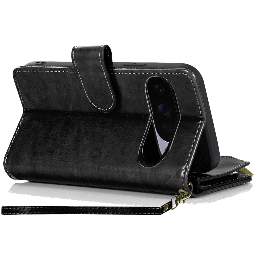 Phone Case for Google Pixel 11 Pro XL Luxury Leather Wallet Card Holder Zipper Pocket Money Storage Protective Grip Design with Strap Cover