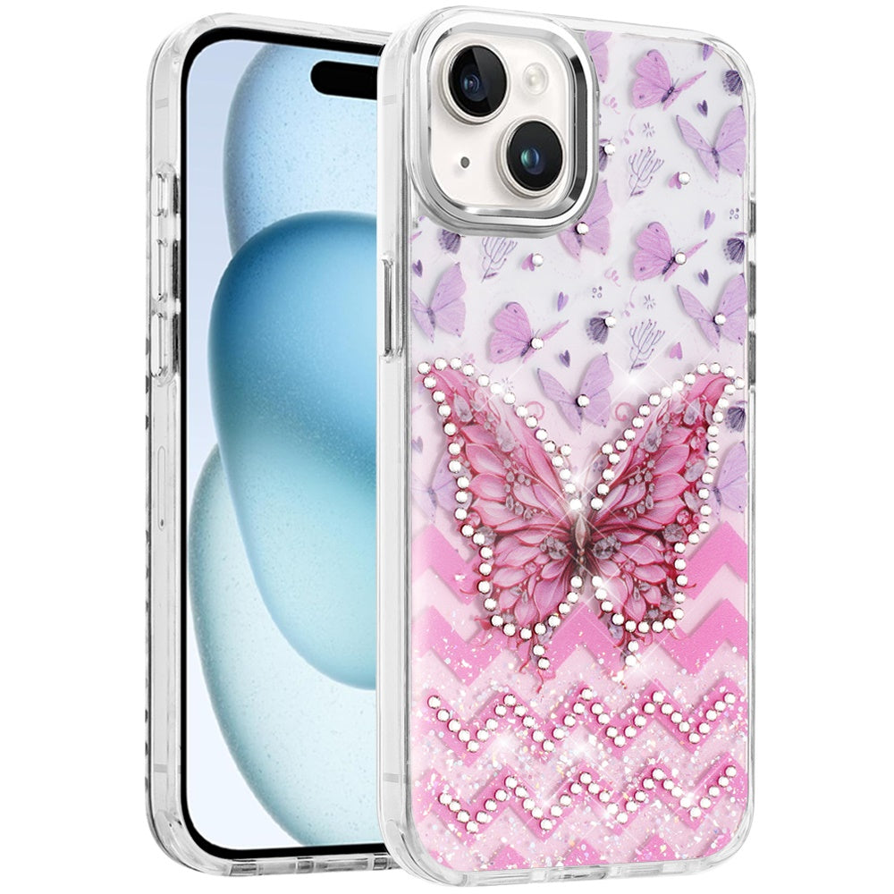 Phone Case for Apple iPhone 15 Butterfly Resin Epoxy Diamond Bling Metal Edge Shockproof Hybrid Luxury Protective Durable Stylish Fashion Grip Cover