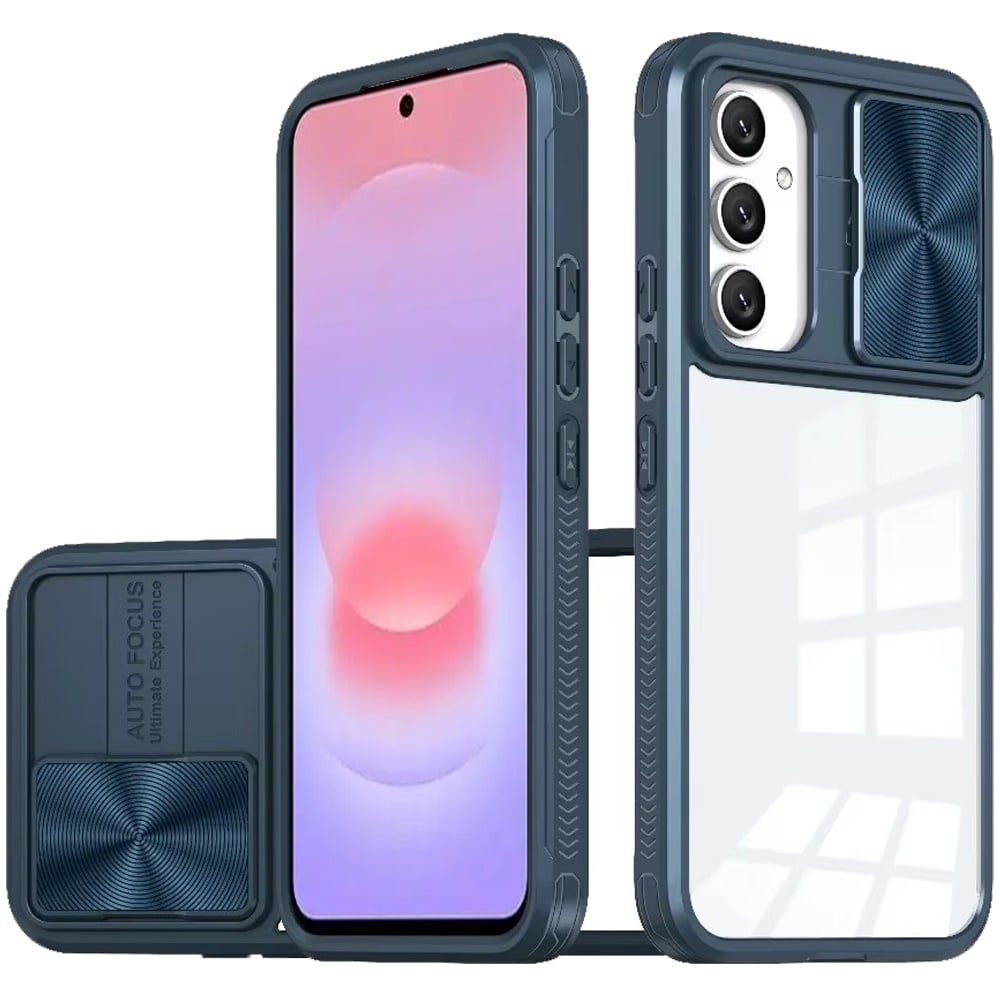 Phone Case for Samsung Galaxy A37 Clear Transparent Back with Sliding Camera Hybrid Shockproof Slim Protective Durable Colorful Frame Cover Blue