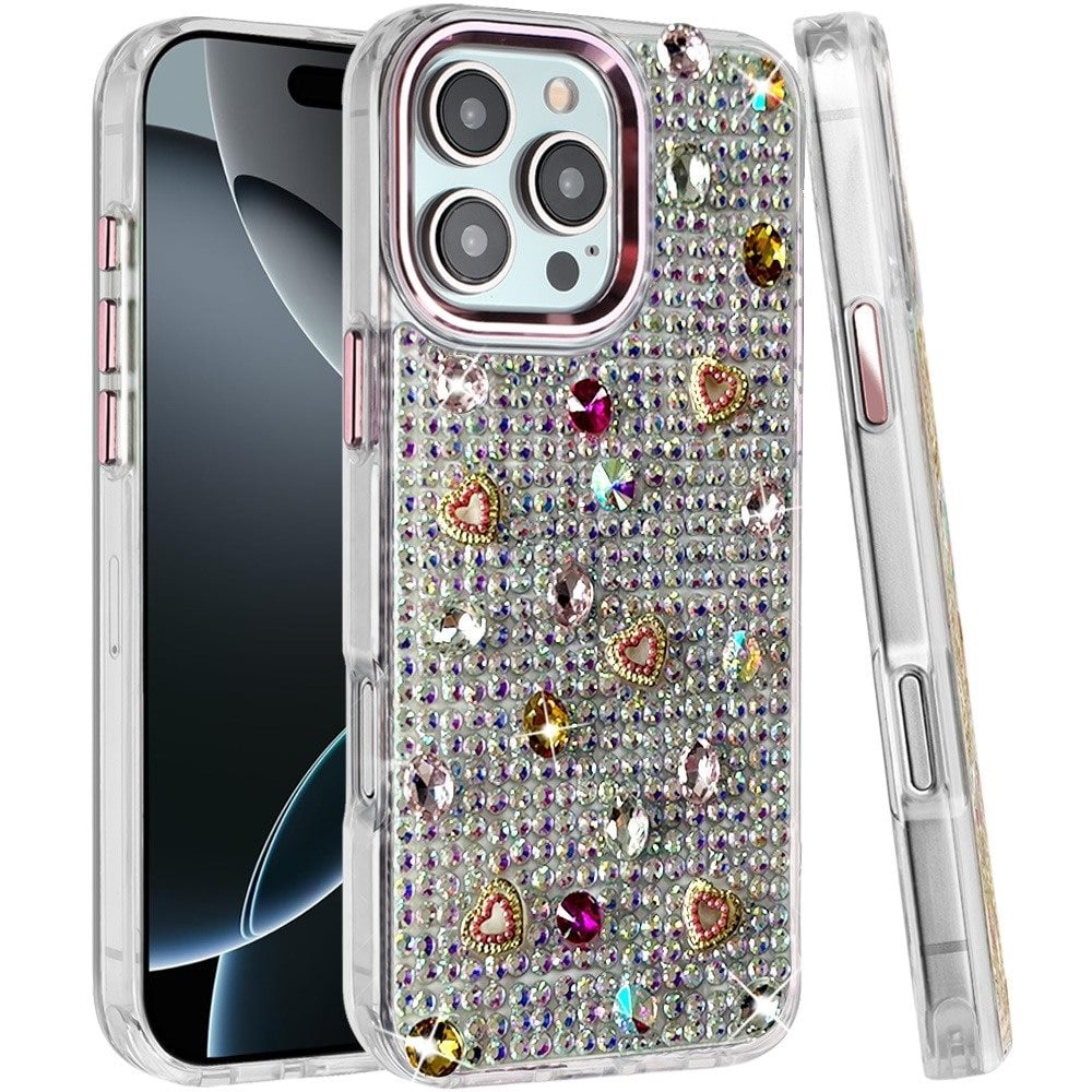 Phone Case for Apple iPhone 16 Pro Chrome Fashion Hybrid Bling Diamond Heart Rhinestone Decorative Stones Sparkling Embellished Design Cover