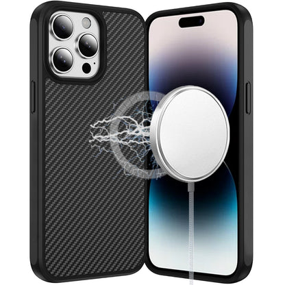 For Apple iPhone 13 Pro Max Carbon Fiber Design with Magnetic HQ 2.0mm Thick Hybrid Shockproof Rubber Hard PC Case Cover Black