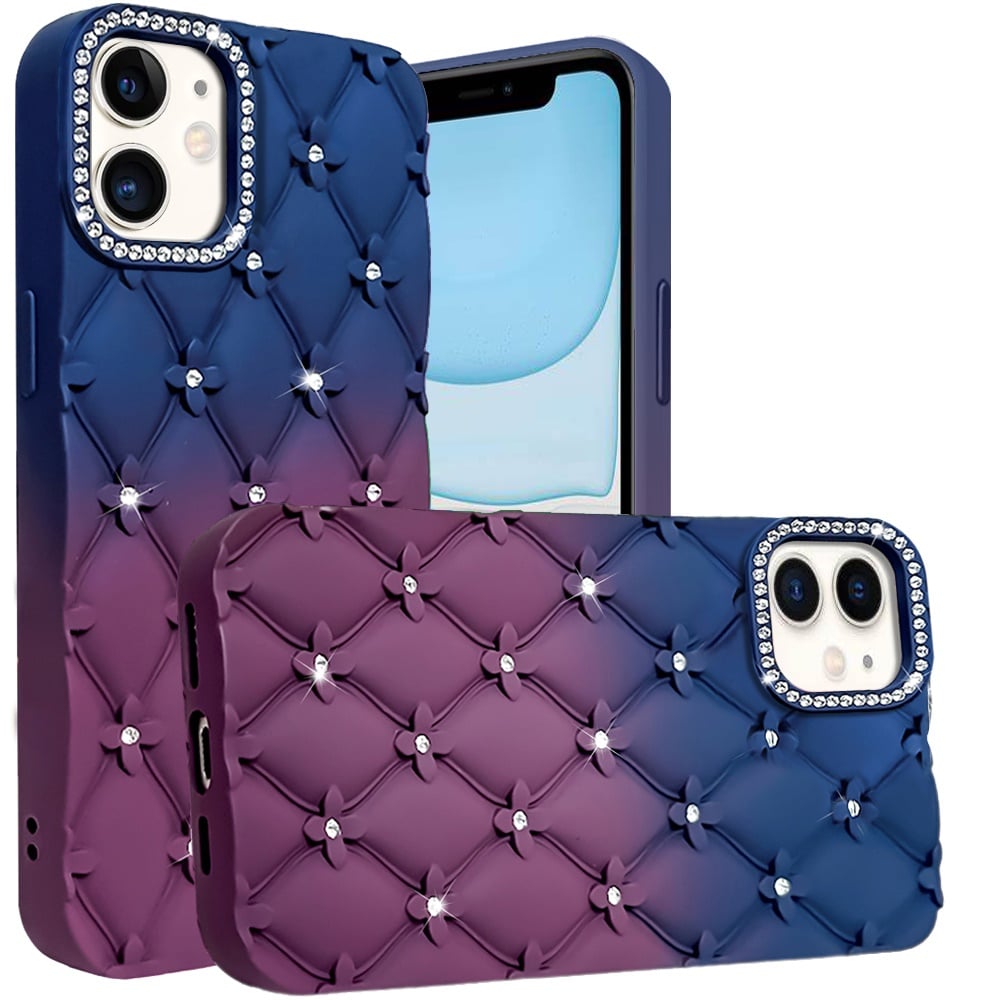 For Apple iPhone 11 Fashion Flower Design Sparkle Glitter Shimmer Rhinestone Bling Floral Accents, Leather Texture TPU Case Cover Dark Blue/Burgundy