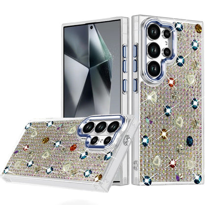 Phone Case for Samsung Galaxy S24 Ultra Chrome Fashion Hybrid Bling Diamond Heart Rhinestone Decorative Stones Sparkling Embellished Design Cover