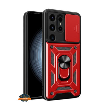 For Motorola Moto G 5G 2025 Hybrid Shockproof, Built-in Sliding Camera Lens Protection with Magnetic Finger Ring Stand Holder Case Cover Red