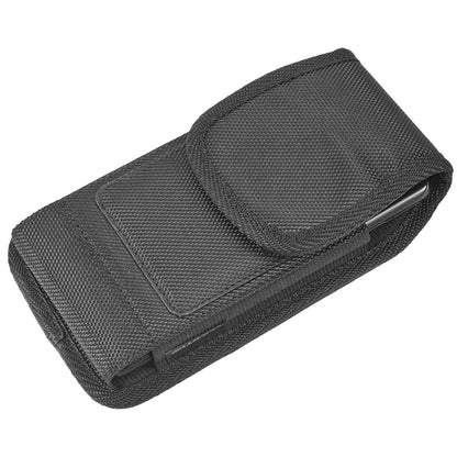 For Apple iPhone 16 (6.1") Universal Nylon Pouch Case Vertical Phone Holster with Dual Card Slots, Pen Holder, Belt Clip Loop & Hook Cover [Black]