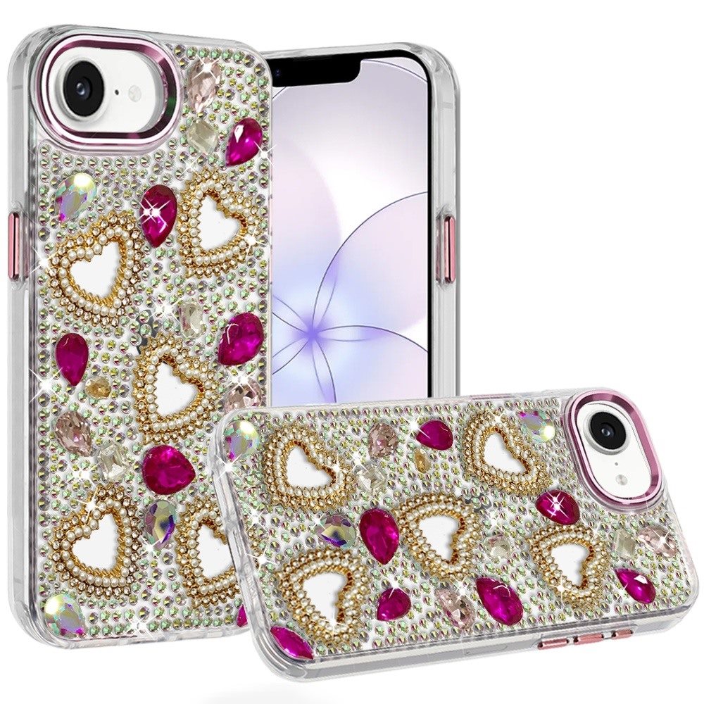 Phone Case for Apple iPhone 17E /16E Luxury Crystal Heart Rhinestone Diamond Bling Shockproof Hybrid Glitter Protective Stylish Durable Grip Cover Pink