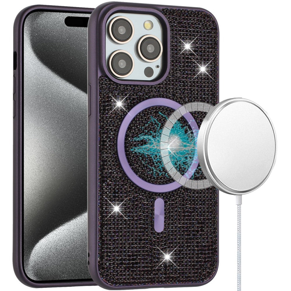 Phone Case for Apple iPhone 15 Pro Max Magnetic Bling Diamond Sparkle Hybrid Shockproof Rugged Grip Durable Protection Anti-Slip Armor Design Cover Purple