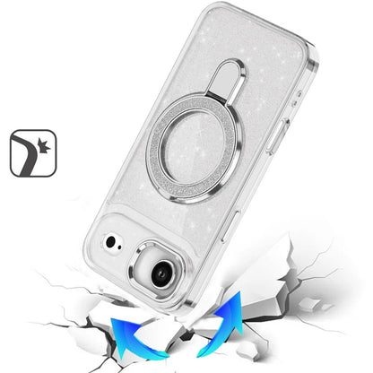 For Apple iPhone 17 Air (6.6") Transparent Glitter Bling Case with Rotating Magnetic Ring Stand, Shockproof Hybrid Case Cover Clear