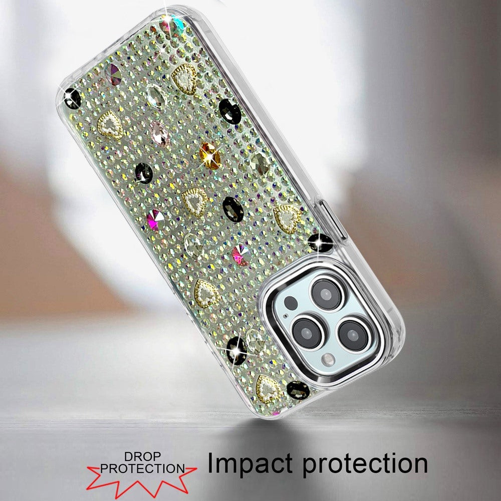 Phone Case for Apple iPhone 15 Pro Max Chrome Fashion Hybrid Bling Diamond Heart Rhinestone Decorative Stones Sparkling Embellished Design Cover Black