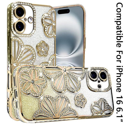 For iPhone 16 (6.1") Luxury Flower Design Sparkle Glitter Diamond Rhinestone Shimmer Bling Plating Thick TPU Hard PC Case Cover