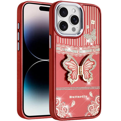 For iPhone 14 Pro Max (6.7") Glitter 3D Butterfly Design Bling Metallic Edge Hybrid Stand Drop Protection TPU Shockproof Case Cover Red