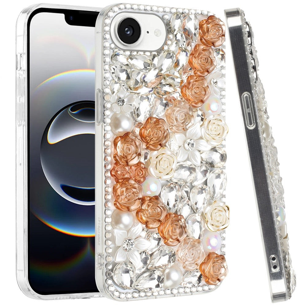 For Apple iPhone 16e Fashion Rose Flower Floral Bling Crystal 3D Full Diamonds Pearl Sparkle Rhinestone Glitter Hybrid Case Cover