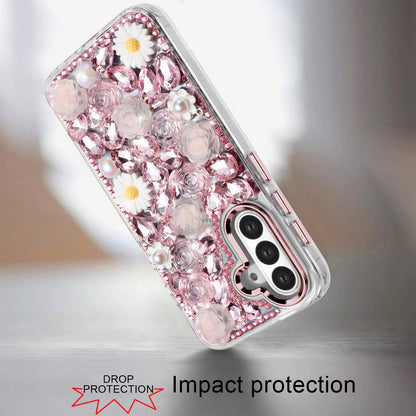 For Samsung Galaxy S26 Fashion Daisy Floral Series, Full 3D Bling Crystal Diamonds Sparkling Rhinestone Glitter Hybrid Design Case Cover Pink