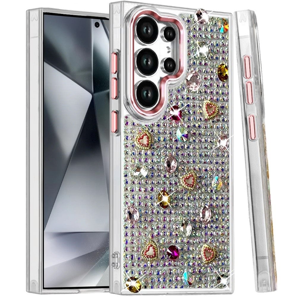 Phone Case for Samsung Galaxy S24 Ultra Chrome Fashion Hybrid Bling Diamond Heart Rhinestone Decorative Stones Sparkling Embellished Design Cover