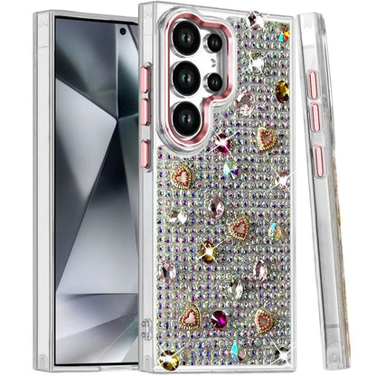 Phone Case for Samsung Galaxy S24 Ultra Chrome Fashion Hybrid Bling Diamond Heart Rhinestone Decorative Stones Sparkling Embellished Design Cover