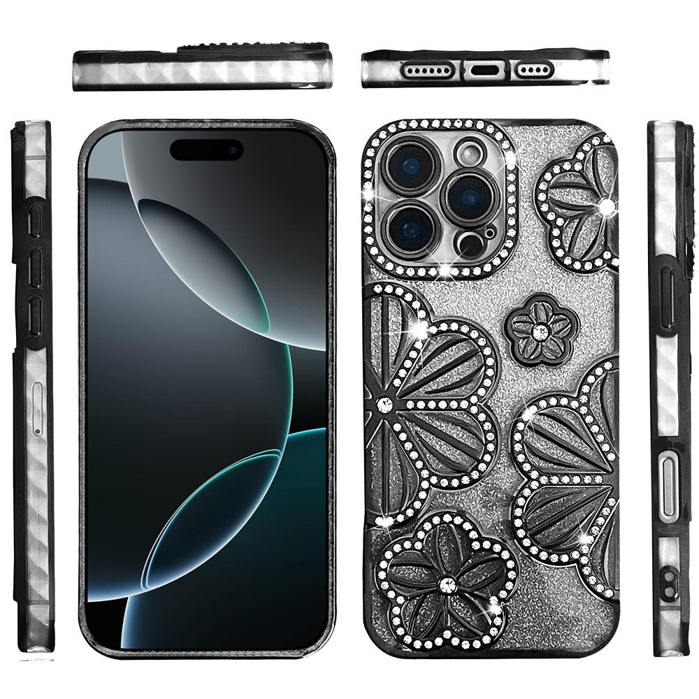 For Apple iPhone 16 Pro Luxury Flower Design Sparkle Glitter Diamond Rhinestone Shimmer Bling Plating Thick TPU Hard PC Case Cover