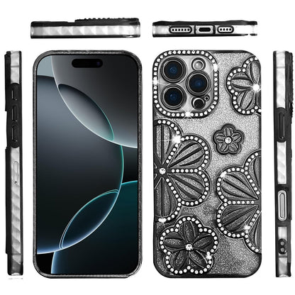For Apple iPhone 16 Pro Luxury Flower Design Sparkle Glitter Diamond Rhinestone Shimmer Bling Plating Thick TPU Hard PC Case Cover