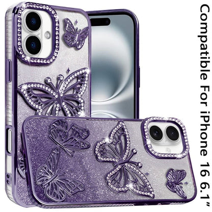 Phone Case for Apple iPhone 16 Butterfly Freedom Shimmer Glitter Thick TPU Shockproof Anti Slip Durable Protective Design Cover
