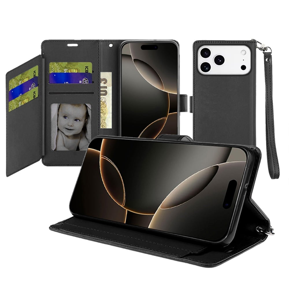 For Apple iPhone 17 Pro (6.3") Wallet Cases PU Leather with Credit Card /ID /Cash Holder Slot Dual Flip Book Pouch, Stand and Strap Case Cover