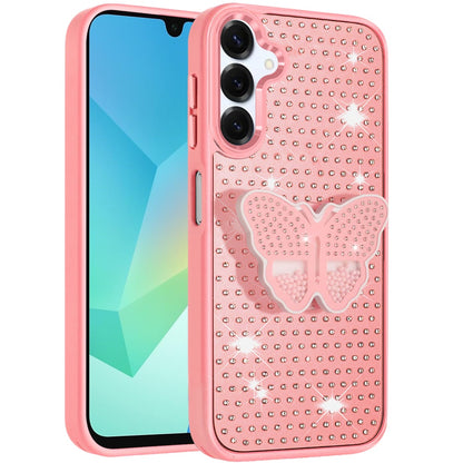 Phone Case for Samsung Galaxy A16 5G Butterfly Grip Pop Stand Diamond Sparkle Hybrid Shockproof Metal Button Slim Protective Grip Decorative Design Cover Pink