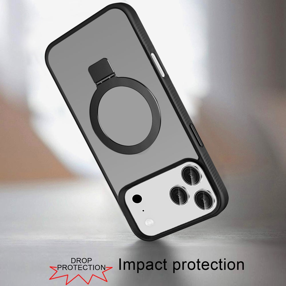 For Apple iPhone 17 Pro (6.3") Magnetic Circle Kickstand with MagSafe Compatibility, Matte Skin, Rugged Bumper, and Ring Holder Case Cover Black
