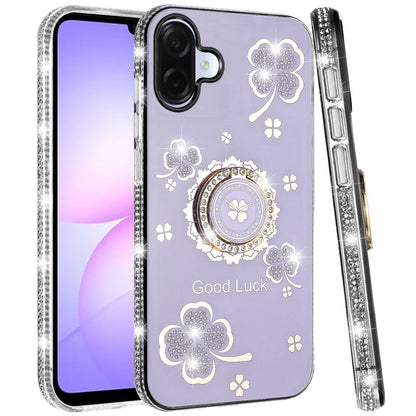 For Samsung Galaxy A07 Diamonds Bling All Around Edges Sparkly Glitter Hybrid with Ring Stand Holder Fashion Good Luck Case Cover