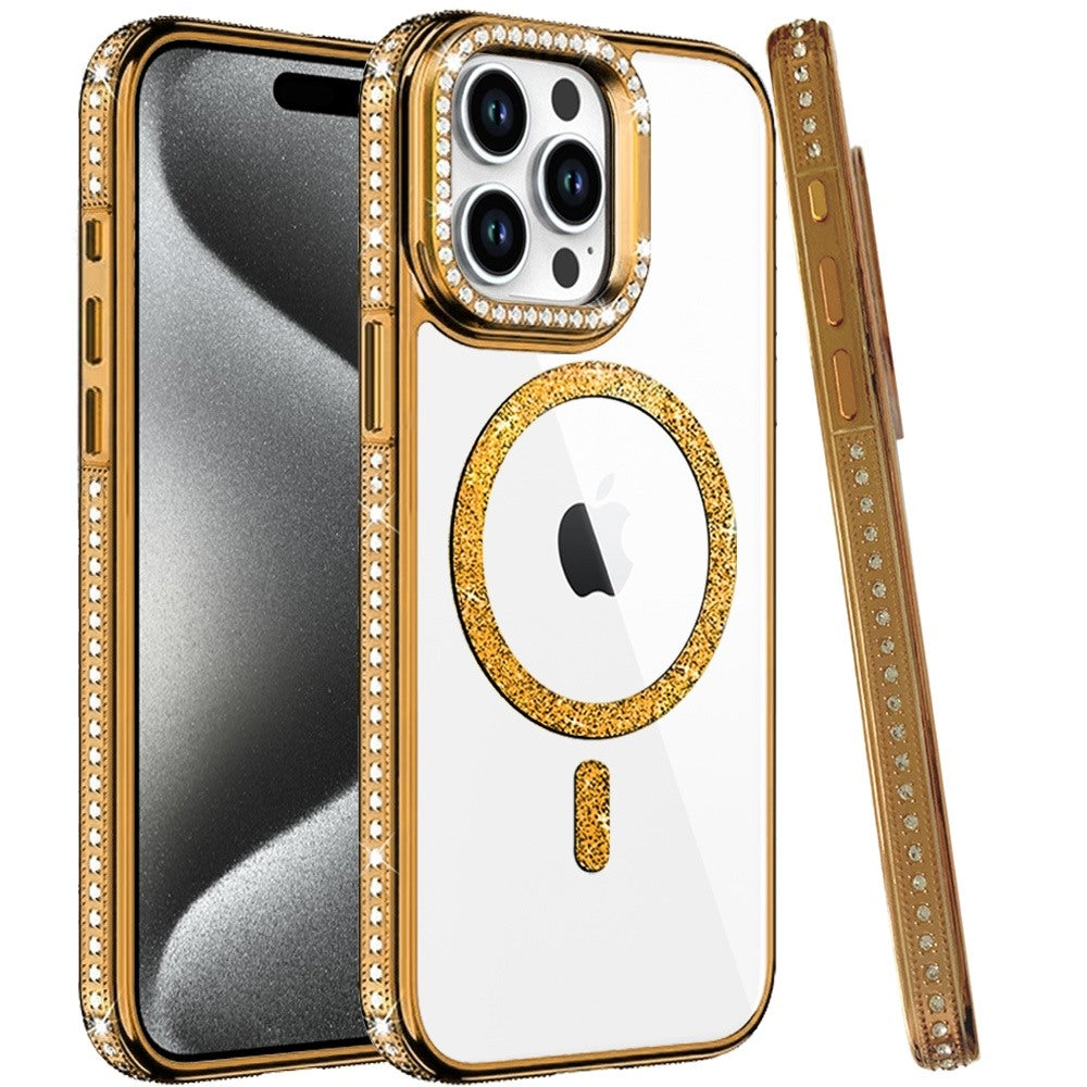 Phone Case for Apple iPhone 15 Pro Max Luxury Diamond Bling Edged Magnetic Glitter Shockproof Hybrid with Camera Kickstand Durable Grip Cover