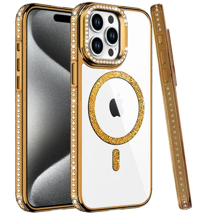 Phone Case for Apple iPhone 15 Pro Max Luxury Diamond Bling Edged Magnetic Glitter Shockproof Hybrid with Camera Kickstand Durable Grip Cover