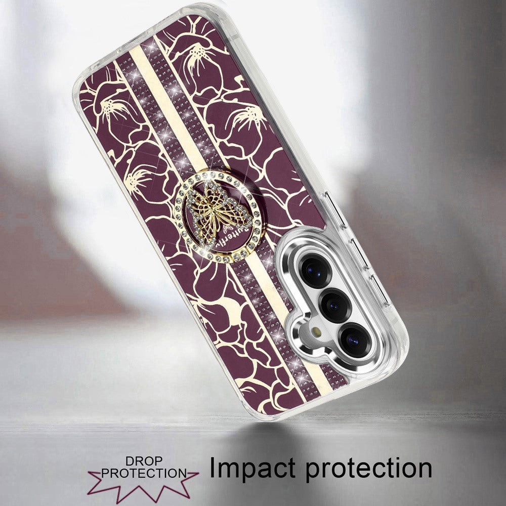 Phone Case for Samsung Galaxy S26 Floral Butterfly Ring Stand Glitter Bling Shockproof Hybrid Luxury Fashion Protective Anti Slip Durable Grip Cover Purple