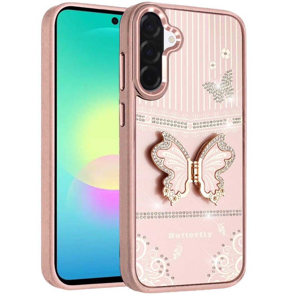 Phone Case for Samsung Galaxy A27 Glitter Bling Butterfly Stand Metallic Edge Hybrid Shockproof Grip Durable Camera Protection Stylish Design Cover