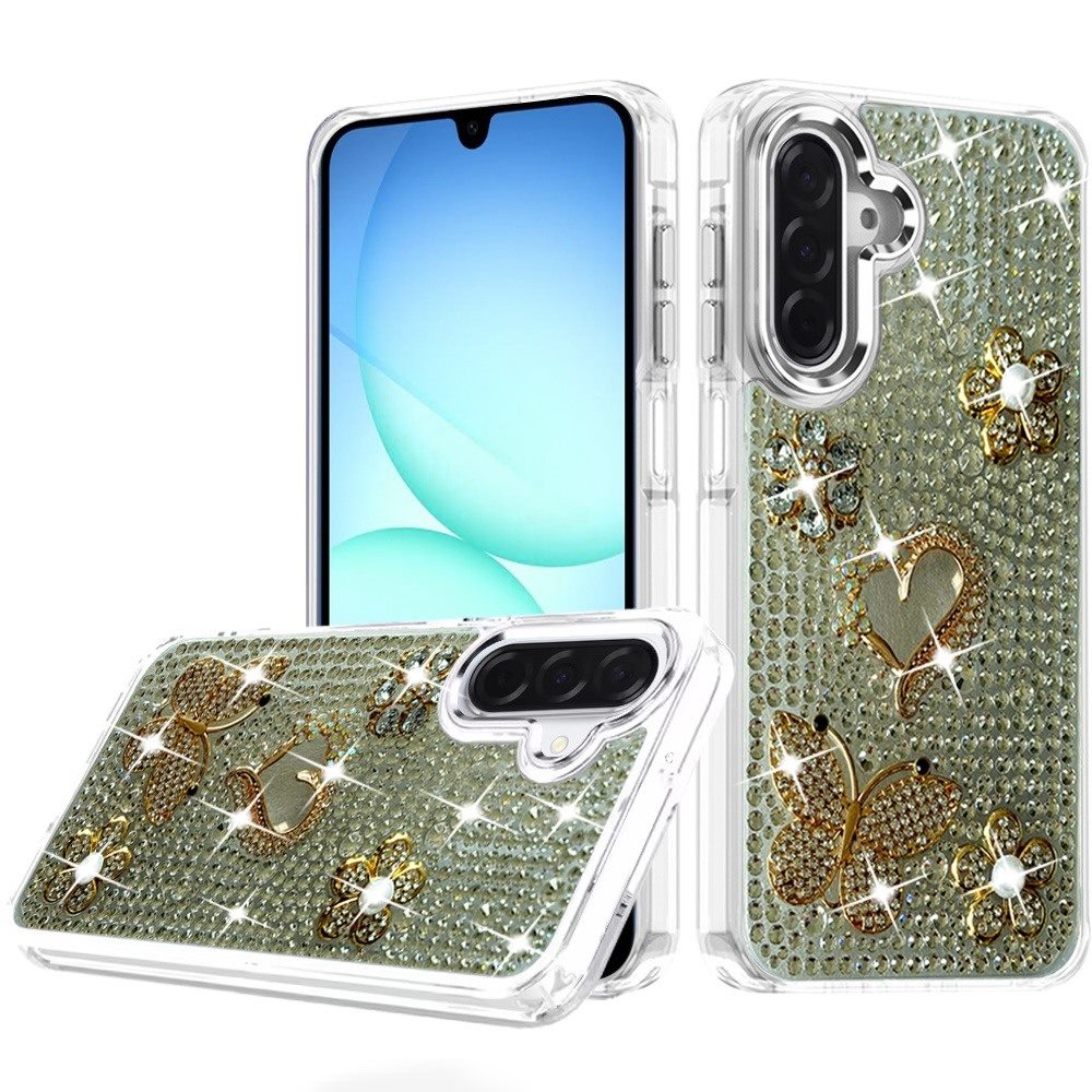 Phone Case for Galaxy A17 5G Luxury Crystal Butterfly Floral Jeweled Heart Full Diamond Design, Sparkling Decorative Details, Elegant Style Cover Silver