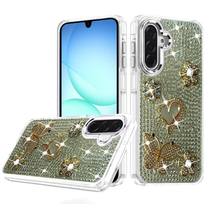 Phone Case for Galaxy A17 5G Luxury Crystal Butterfly Floral Jeweled Heart Full Diamond Design, Sparkling Decorative Details, Elegant Style Cover Silver