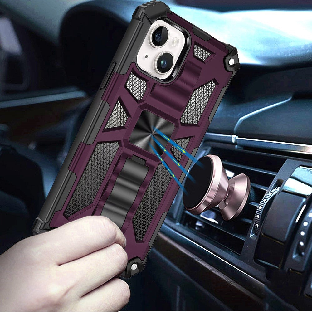 Phone Case for Apple iPhone 15 Built in Magnetic Hiden Kickstand Shockproof Rugged Armor Grip Hybrid Heavy Duty Anti Slip Protective Style Cover Purple