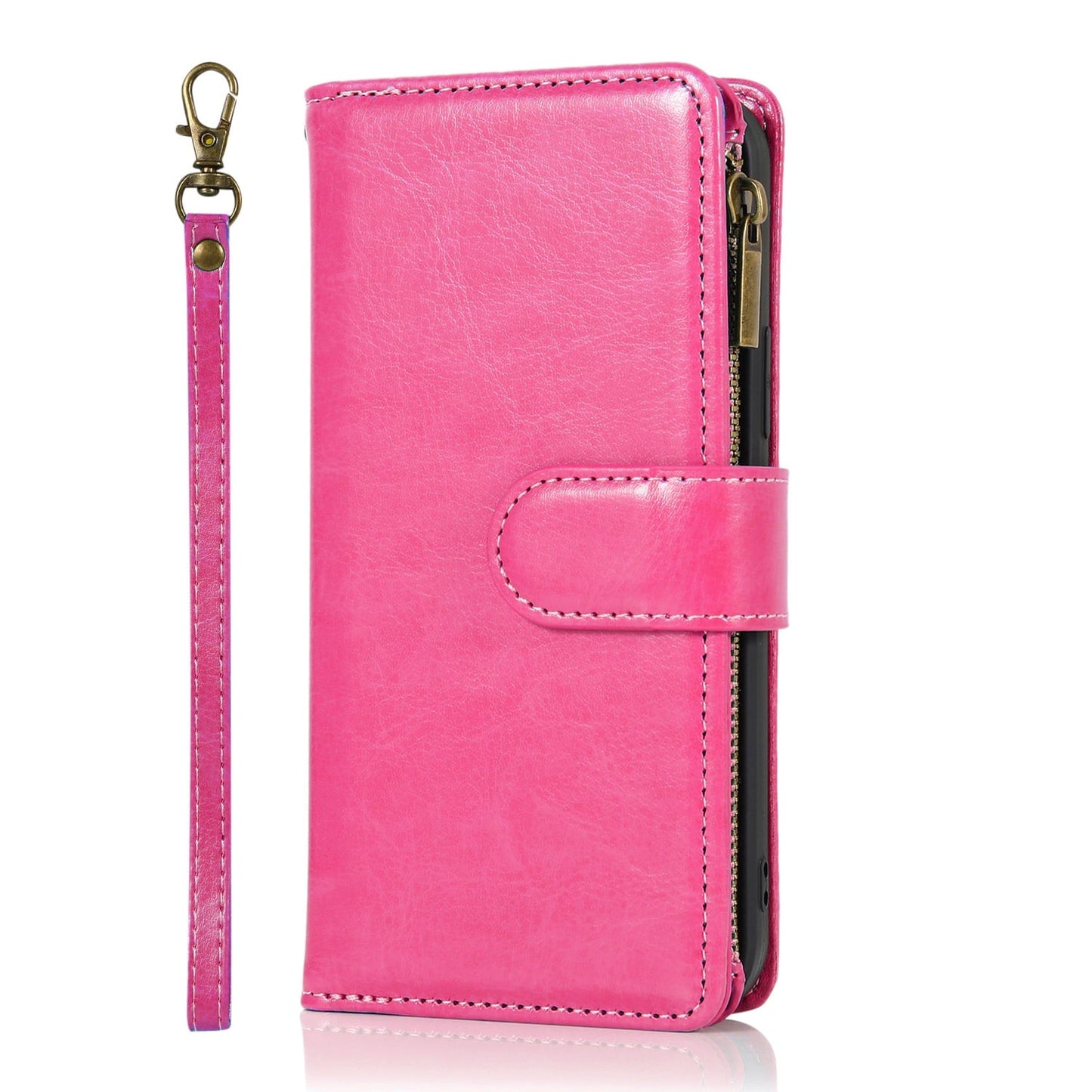 Phone Case for Apple iPhone 16 Luxury Leather Wallet Card Holder Zipper Pocket Money Storage Protective Grip Design with Strap Cover Hot Pink