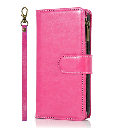 Phone Case for Apple iPhone 16 Luxury Leather Wallet Card Holder Zipper Pocket Money Storage Protective Grip Design with Strap Cover Hot Pink