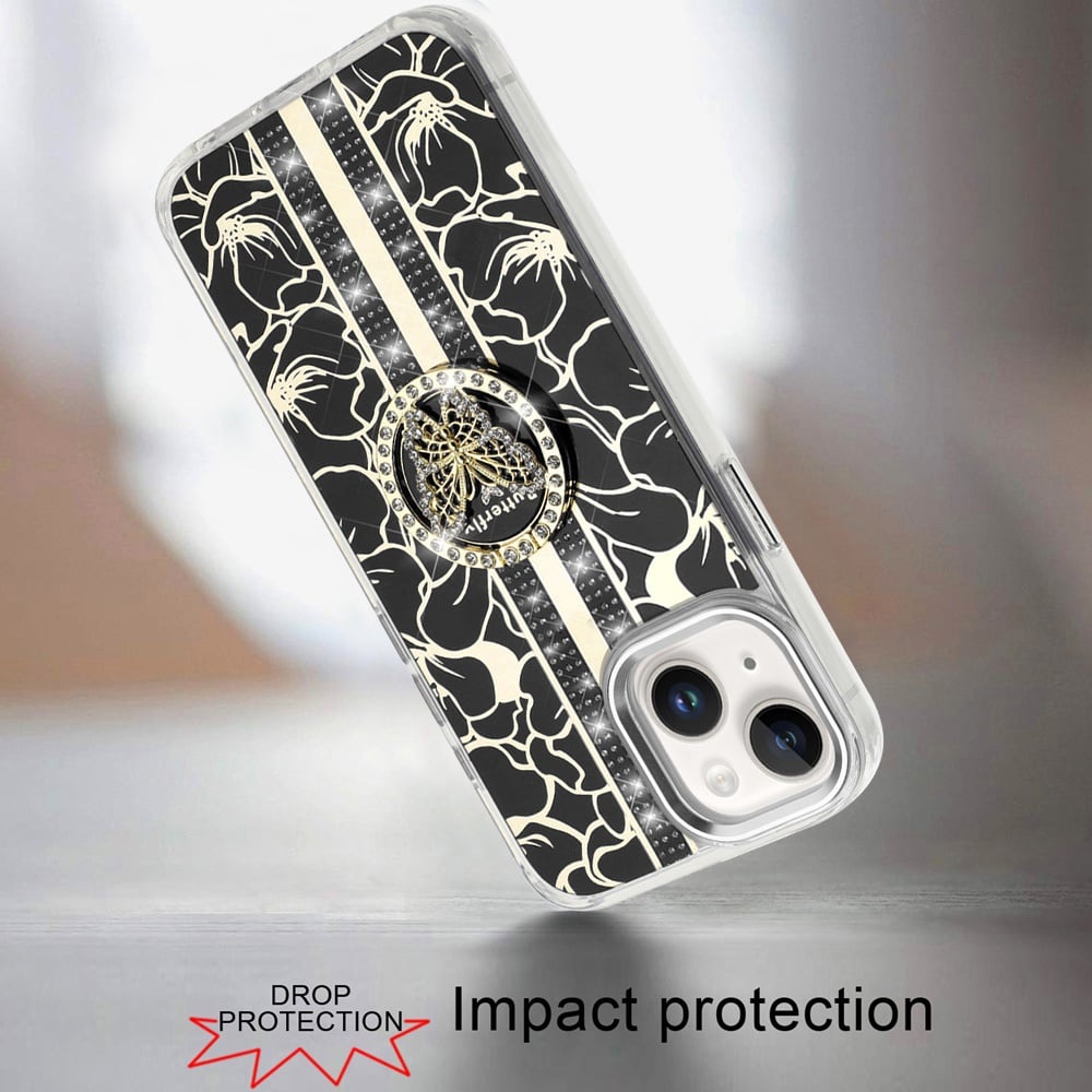 Phone Case for Apple iPhone 15 Floral Butterfly Ring Stand Glitter Bling Shockproof Hybrid Luxury Fashion Protective Anti Slip Durable Grip Cover Black