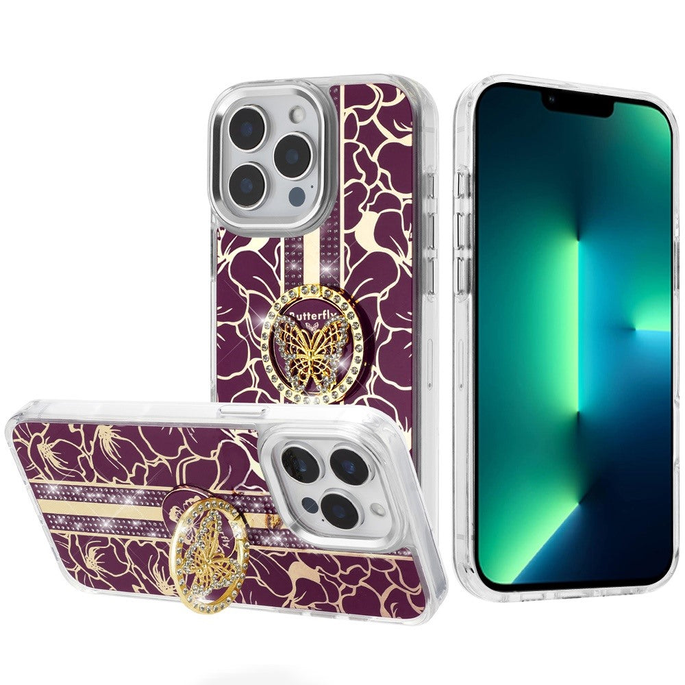 Phone Case for Apple iPhone 13 Pro Max Floral Butterfly Ring Stand Glitter Bling Shockproof Hybrid Luxury Fashion Protective Anti Slip Durable Grip Cover Purple
