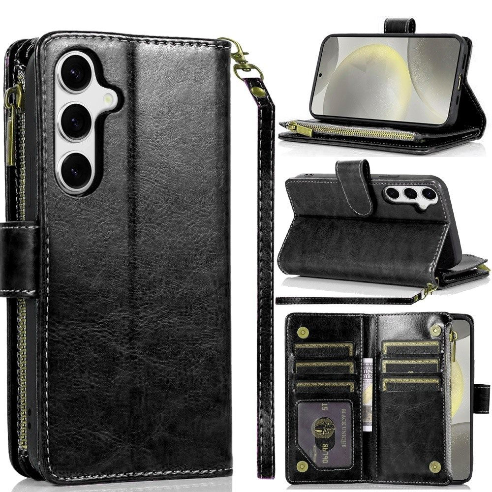 For Samsung Galaxy S25 /S24 Leather Wallet Case with Zipper, 9 Card Slots, Cash Pocket, Stand & Strap, Clutch Pouch Design Case Cover Black