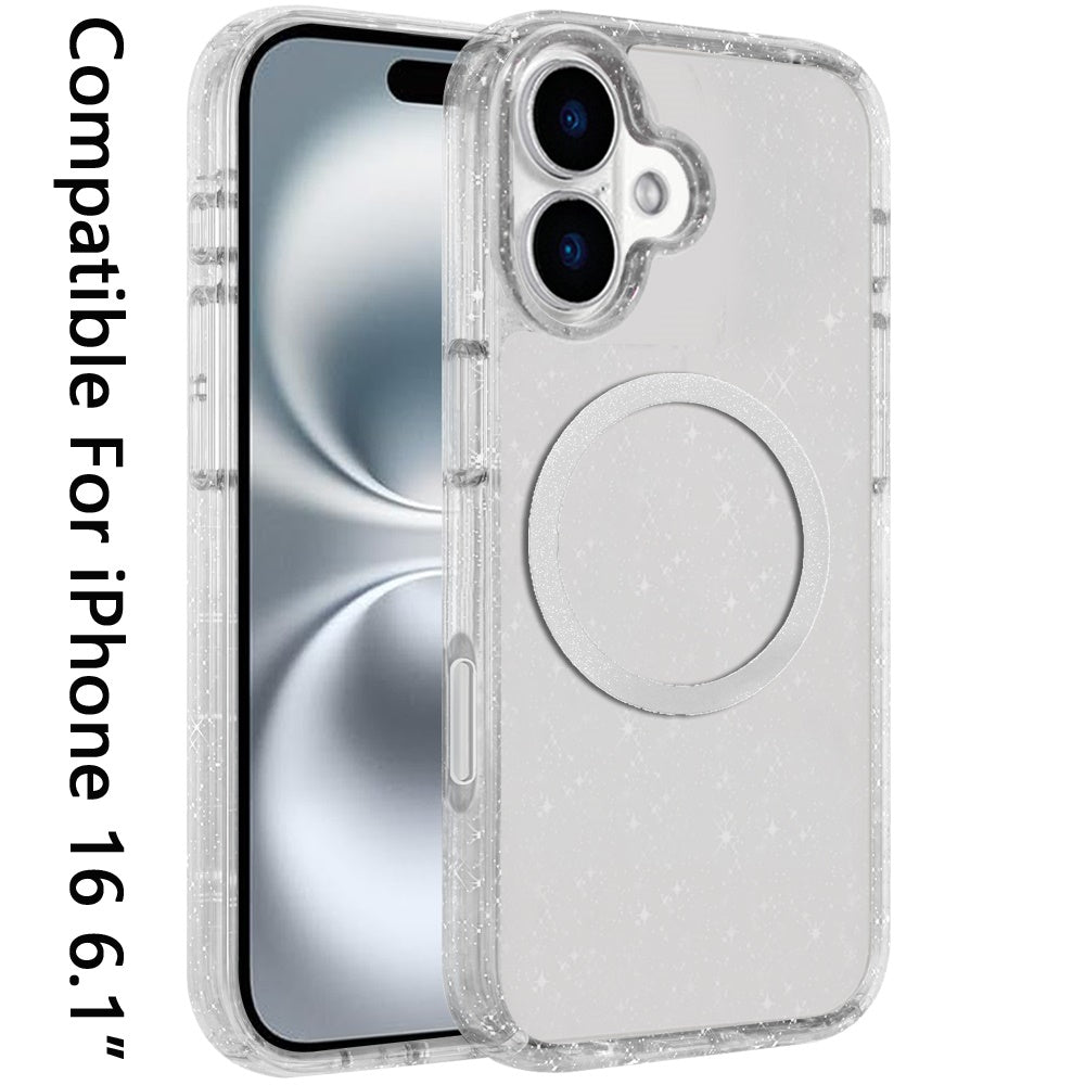 For Apple iPhone 16 Pro (6.3") Transparent Glitter Bling Sparkly Shiny Case Hybrid Magnetic Circle Compatible with MagSafe Shockproof Case Cover
