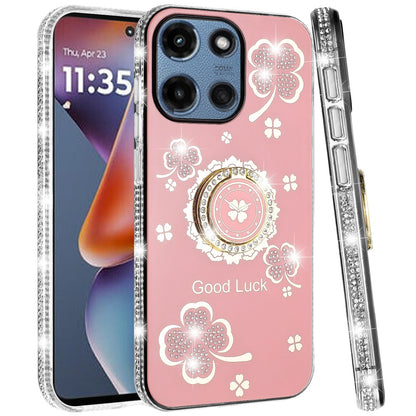 For Motorola Moto G 5G 2025 Diamonds Bling All Around Edges Sparkly Glitter Hybrid with Ring Stand Holder Fashion Good Luck Case Cover