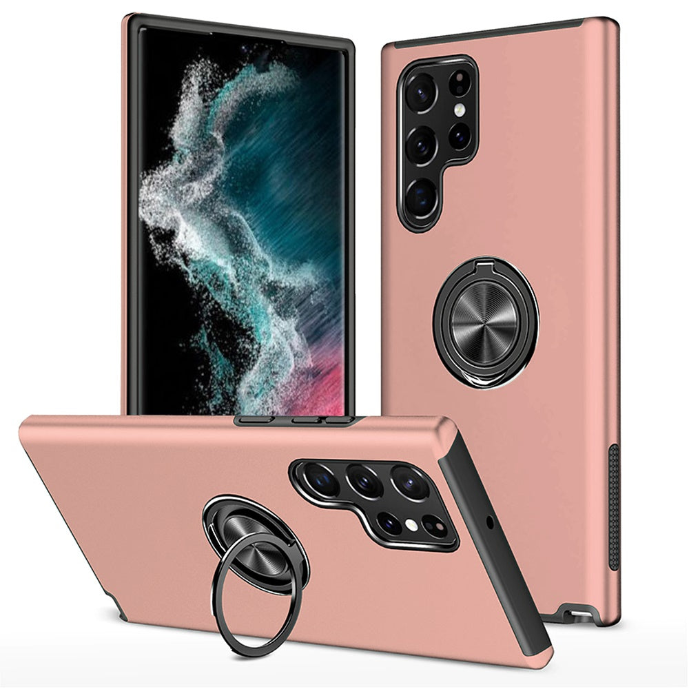 For Samsung Galaxy S23+ / S23 Plus Hybrid 360 Degree Rotatable Metal Invisible Ring Stand Holder Slim Fit Magnetic Car Mount Shockproof Case Cover Pink