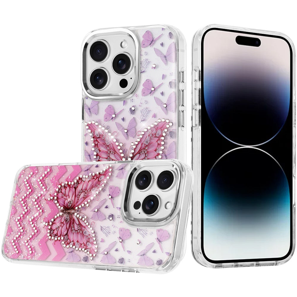 Phone Case for Apple iPhone 14 Pro Max Butterfly Resin Epoxy Diamond Bling Metal Edge Shockproof Hybrid Luxury Protective Durable Stylish Fashion Grip Cover Light Pink