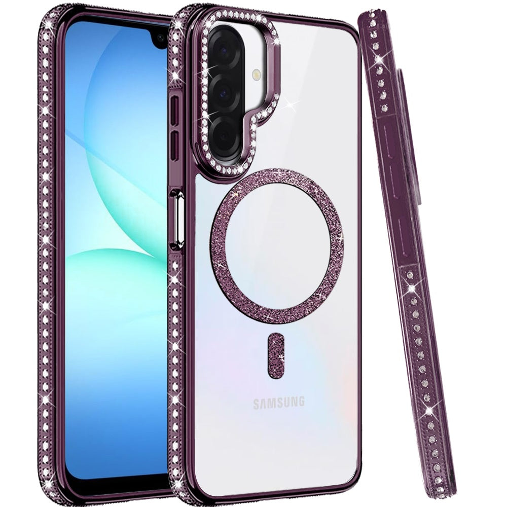 Phone Case for Samsung Galaxy A17 5G Luxury Diamond Bling Edged Magnetic Glitter Shockproof Hybrid with Camera Kickstand Durable Grip Cover