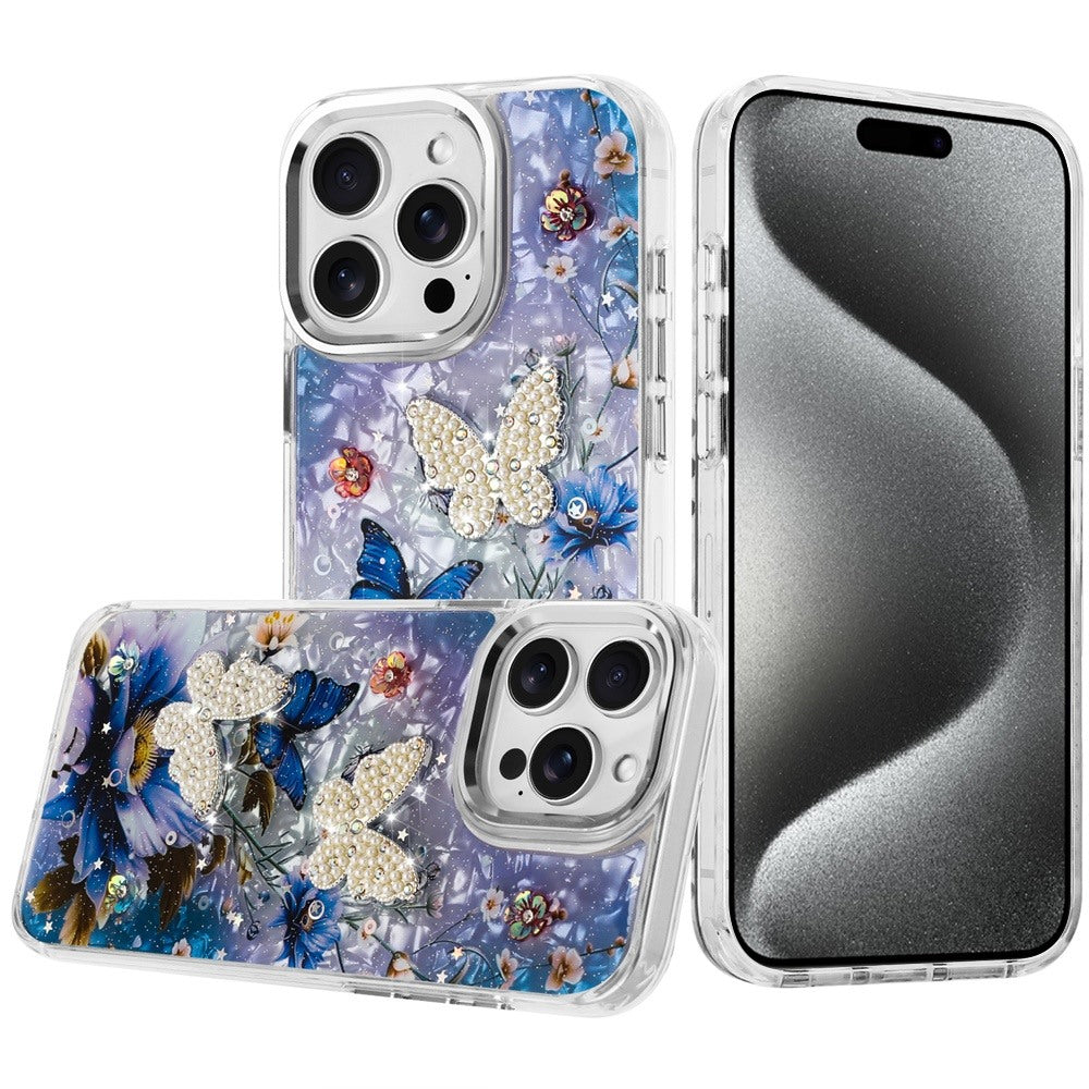 For Apple iPhone 17E /16E Epoxy Glitter Flowers Bling 3D Butterfly Fashion TPU Hybrid with Shockproof Protection Case Cover
