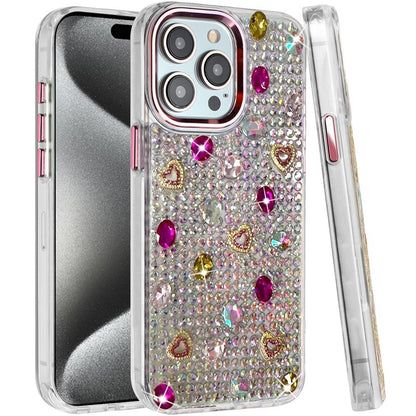 Phone Case for Apple iPhone 15 Pro Chrome Fashion Hybrid Bling Diamond Heart Rhinestone Decorative Stones Sparkling Embellished Design Cover